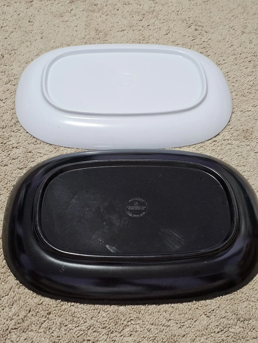 Vintage Melamine Plates Set of 2 Black & White Oval 15 in Long Dinnerware